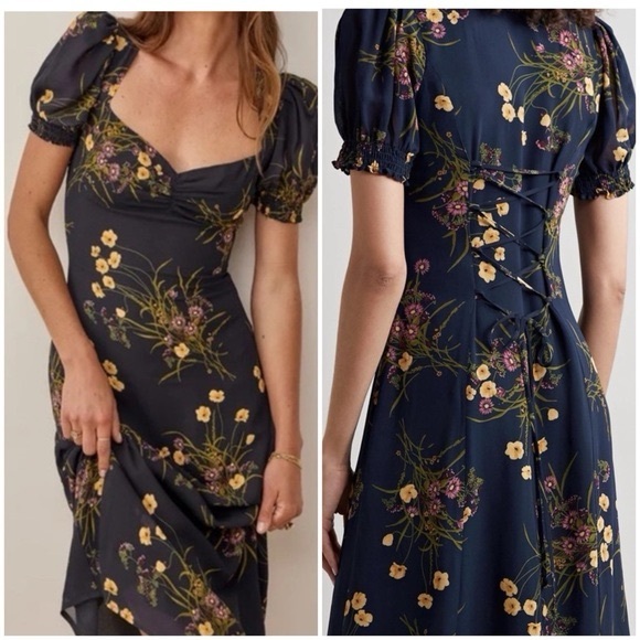 Reformation luciana dress lace up corset Floral Puff Sleeve Dress - Picture 1 of 6